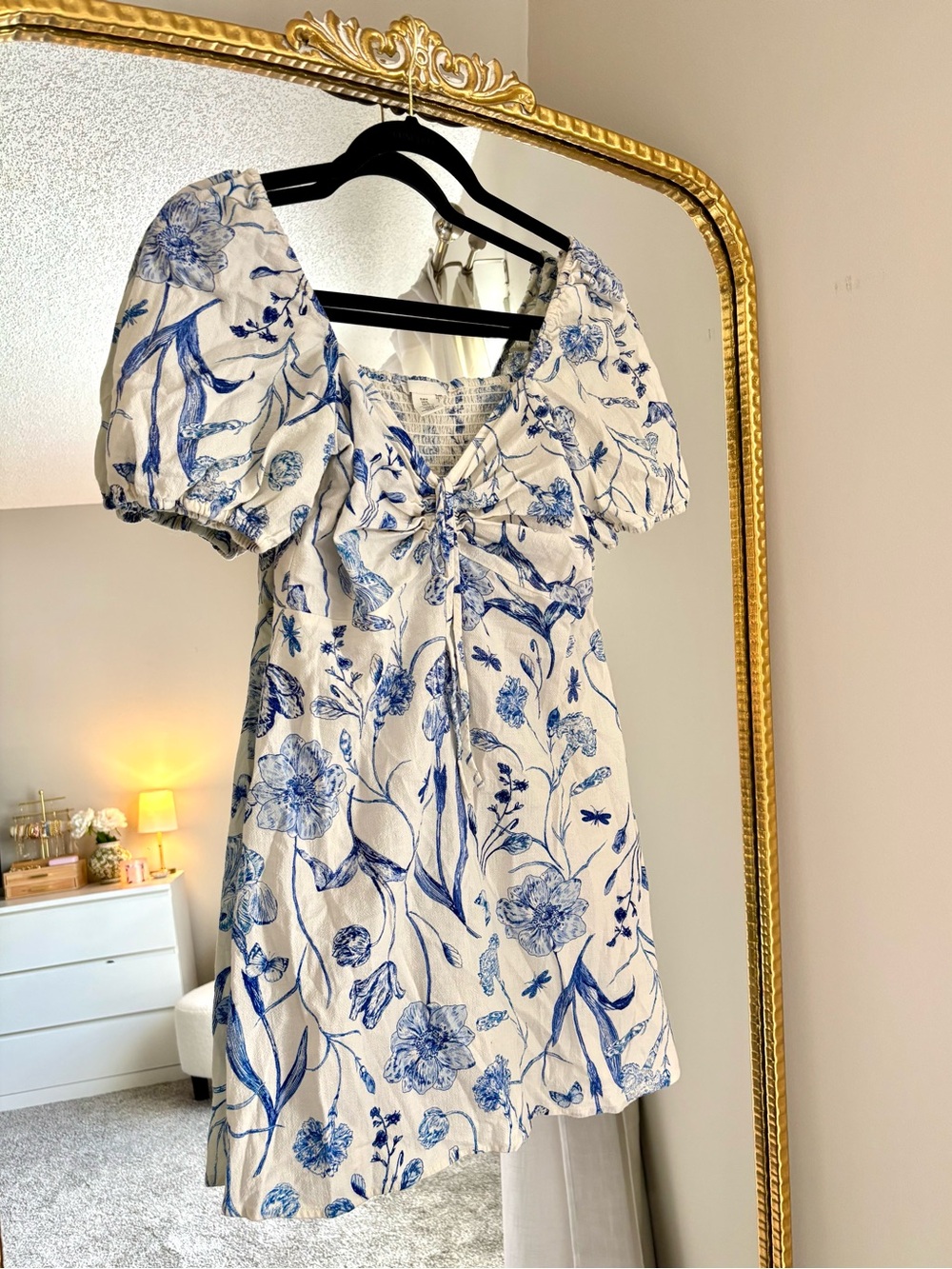 Blue Floral Puff-Sleeve Mini Dress